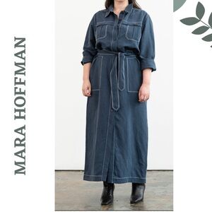Mara Hoffman Navy Juno Midi Dress Button Front Tie Waist Size 2X